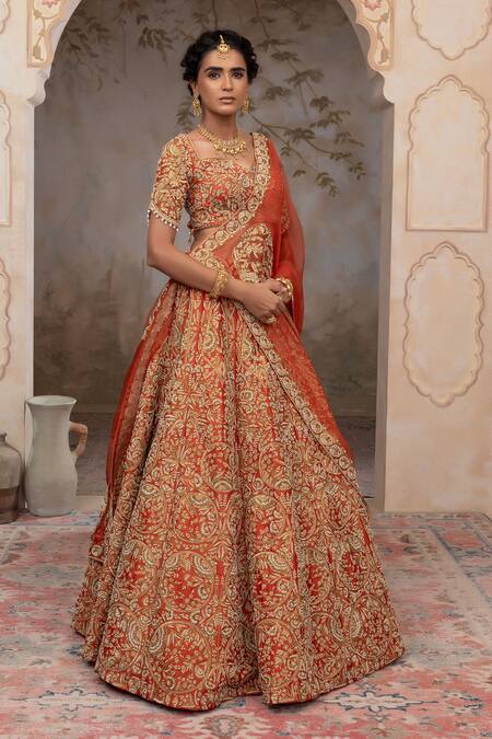 Adi By Aditya Khandelwl_Rust , Organza, Taffeta Embroidery, Pearls, Orange Hand Lehenga Set _at_Aza_Fashions