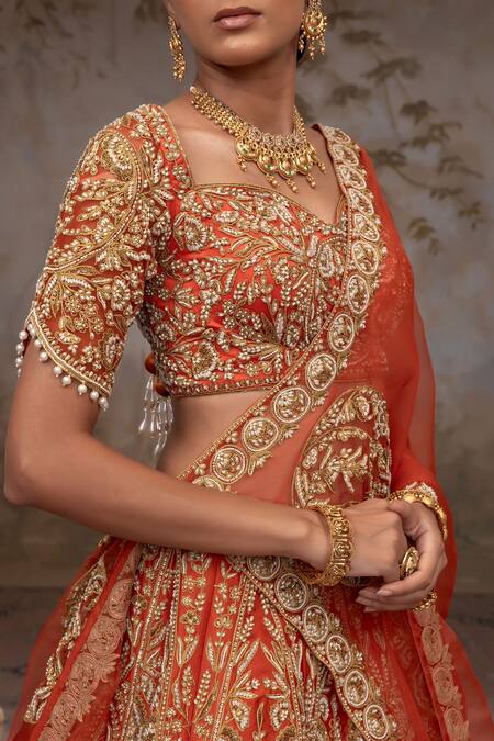 Buy_Adi By Aditya Khandelwl_Rust , Organza, Taffeta Embroidery, Pearls, Orange Hand Lehenga Set 