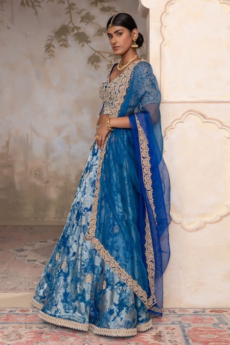 Adi By Aditya Khandelwl_Blue Jacquard, , Silk Embroidery Peacock Hand Lehenga Set _Online_at_Aza_Fashions