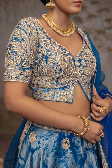 Buy_Adi By Aditya Khandelwl_Blue Jacquard, , Silk Embroidery Peacock Hand Lehenga Set _Online_at_Aza_Fashions