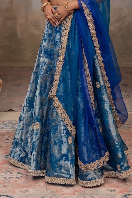Shop_Adi By Aditya Khandelwl_Blue Jacquard, , Silk Embroidery Peacock Hand Lehenga Set _Online_at_Aza_Fashions