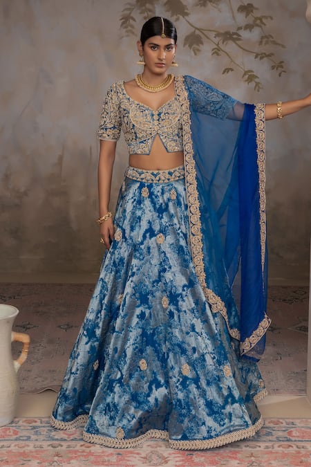 Adi By Aditya Khandelwl_Blue Jacquard, , Silk Embroidery Peacock Hand Lehenga Set _at_Aza_Fashions