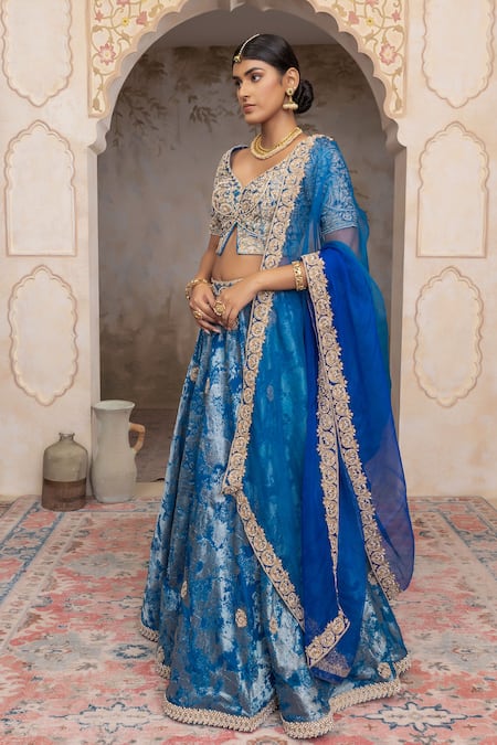 Buy_Adi By Aditya Khandelwl_Blue Jacquard, , Silk Embroidery Peacock Hand Lehenga Set 