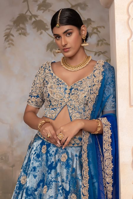 Shop_Adi By Aditya Khandelwl_Blue Jacquard, , Silk Embroidery Peacock Hand Lehenga Set 