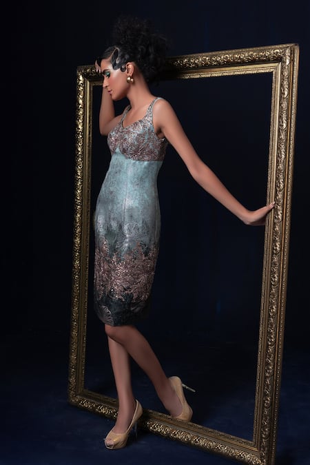 Adi By Aditya Khandelwl_Blue Jacquard Embroidery Sweetheart Neck Hand Dress _Online_at_Aza_Fashions