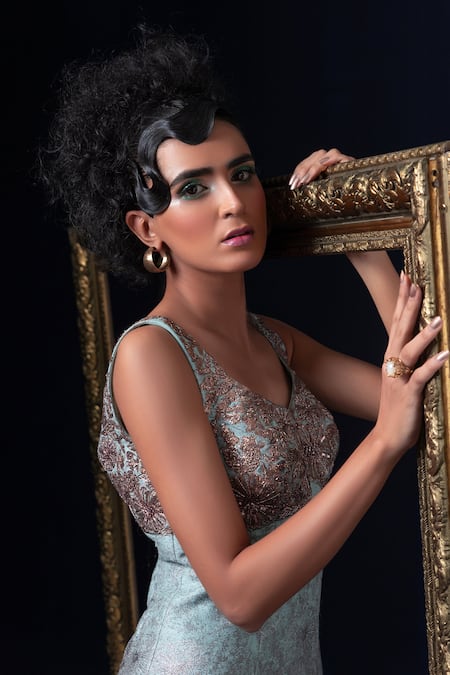 Buy_Adi By Aditya Khandelwl_Blue Jacquard Embroidery Sweetheart Neck Hand Dress _Online_at_Aza_Fashions