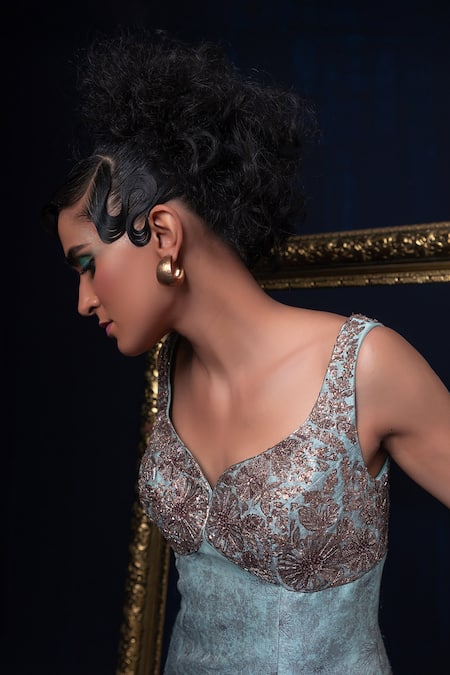 Shop_Adi By Aditya Khandelwl_Blue Jacquard Embroidery Sweetheart Neck Hand Dress _Online_at_Aza_Fashions