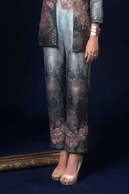 Shop Adi By Aditya Khandelwl Blue Jacquard Embroidery Open , Sweetheart Hand Pant Set Online at Aza Fashions Shop_Adi By Aditya Khandelwl_Blue Jacquard Embroidery Open , Sweetheart Hand Pant Set _Online_at_Aza_Fashions