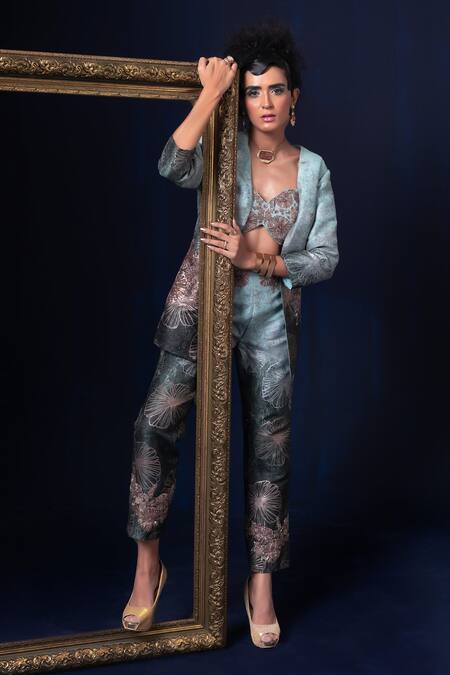 Adi By Aditya Khandelwl Blue Jacquard Embroidery Open , Sweetheart Hand Pant Set at Aza Fashions Adi By Aditya Khandelwl_Blue Jacquard Embroidery Open , Sweetheart Hand Pant Set _at_Aza_Fashions