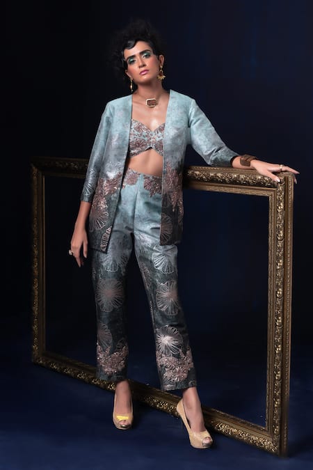 Adi By Aditya Khandelwl Blue Jacquard Embroidery Open , Sweetheart Hand Pant Set 