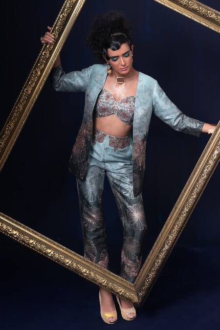 Buy Adi By Aditya Khandelwl Blue Jacquard Embroidery Open , Sweetheart Hand Pant Set Buy_Adi By Aditya Khandelwl_Blue Jacquard Embroidery Open , Sweetheart Hand Pant Set