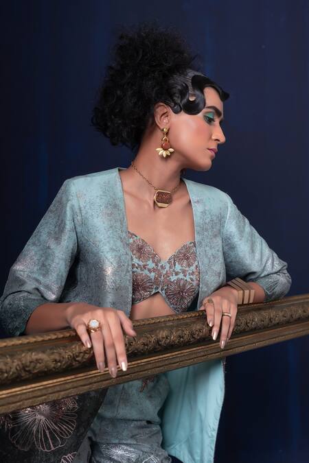 Shop Adi By Aditya Khandelwl Blue Jacquard Embroidery Open , Sweetheart Hand Pant Set Shop_Adi By Aditya Khandelwl_Blue Jacquard Embroidery Open , Sweetheart Hand Pant Set