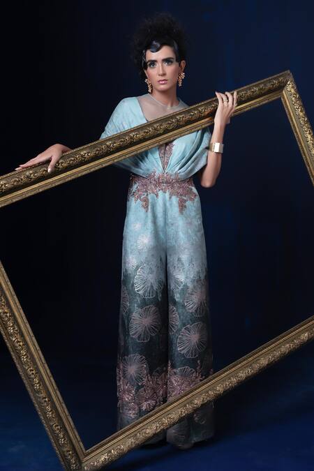 Buy_Adi By Aditya Khandelwl_Blue Jacquard Embroidery V-neck Hand Jumpsuit _Online_at_Aza_Fashions