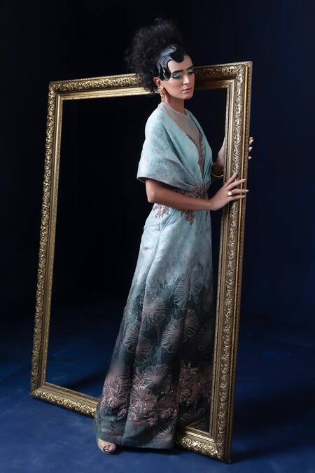 Shop_Adi By Aditya Khandelwl_Blue Jacquard Embroidery V-neck Hand Jumpsuit _Online_at_Aza_Fashions