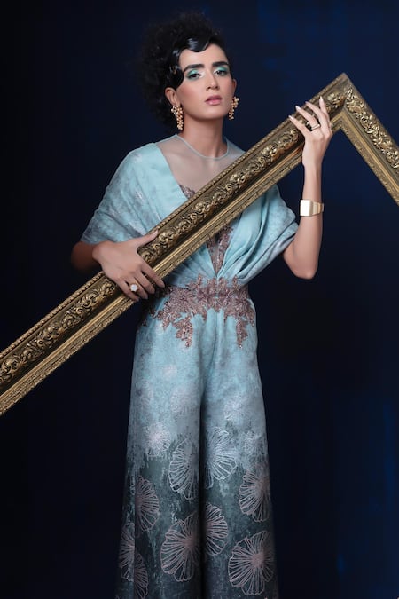 Adi By Aditya Khandelwl_Blue Jacquard Embroidery V-neck Hand Jumpsuit _at_Aza_Fashions