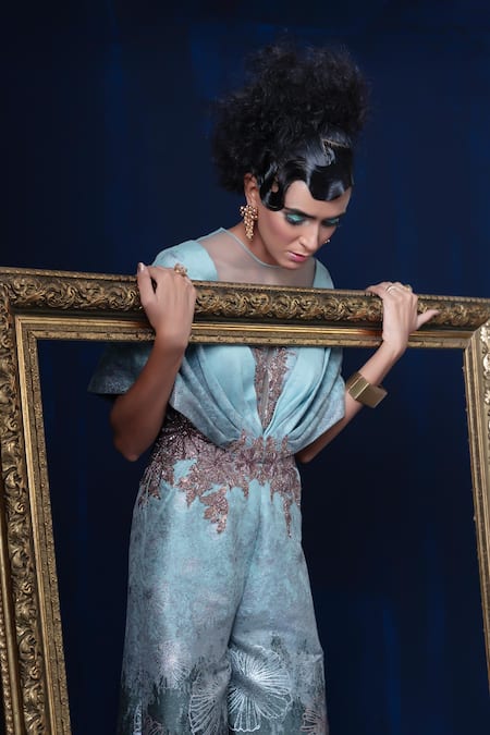 Buy_Adi By Aditya Khandelwl_Blue Jacquard Embroidery V-neck Hand Jumpsuit 