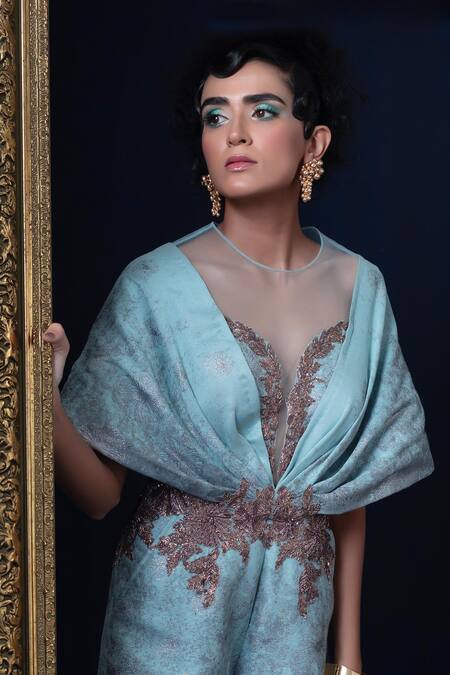 Shop_Adi By Aditya Khandelwl_Blue Jacquard Embroidery V-neck Hand Jumpsuit 