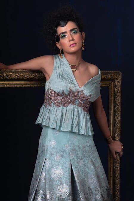 Buy Adi By Aditya Khandelwl Blue Jacquard Embroidery V-neck Fusion Lehenga Set Online at Aza Fashions Buy_Adi By Aditya Khandelwl_Blue Jacquard Embroidery V-neck Fusion Lehenga Set _Online_at_Aza_Fashions