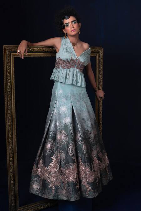 Shop Adi By Aditya Khandelwl Blue Jacquard Embroidery V-neck Fusion Lehenga Set Online at Aza Fashions Shop_Adi By Aditya Khandelwl_Blue Jacquard Embroidery V-neck Fusion Lehenga Set _Online_at_Aza_Fashions