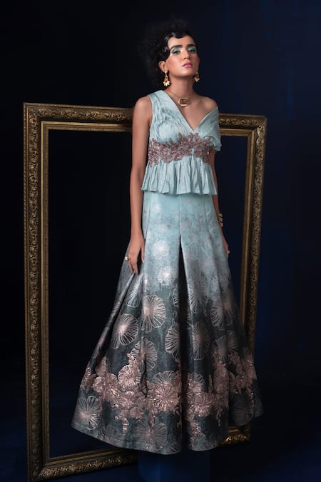 Adi By Aditya Khandelwl Blue Jacquard Embroidery V-neck Fusion Lehenga Set at Aza Fashions Adi By Aditya Khandelwl_Blue Jacquard Embroidery V-neck Fusion Lehenga Set _at_Aza_Fashions