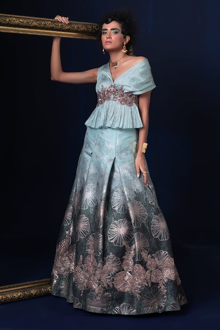 Adi By Aditya Khandelwl Blue Jacquard Fusion Lehenga Set 