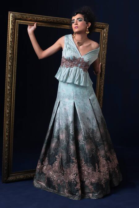 Shop Adi By Aditya Khandelwl Blue Jacquard Embroidery V-neck Fusion Lehenga Set Shop_Adi By Aditya Khandelwl_Blue Jacquard Embroidery V-neck Fusion Lehenga Set