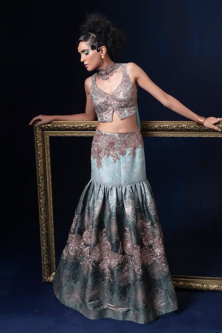 Adi By Aditya Khandelwl Blue & Green Hand Embroidered Lehenga Set 