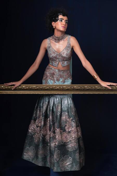 Buy Adi By Aditya Khandelwl Blue Jacquard Embroidery V-neck And Green Hand Lehenga Set Online at Aza Fashions Buy_Adi By Aditya Khandelwl_Blue Jacquard Embroidery V-neck And Green Hand Lehenga Set _Online_at_Aza_Fashions