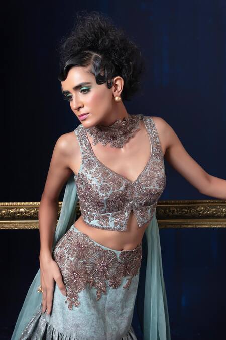 Shop Adi By Aditya Khandelwl Blue Jacquard Embroidery V-neck And Green Hand Lehenga Set Online at Aza Fashions Shop_Adi By Aditya Khandelwl_Blue Jacquard Embroidery V-neck And Green Hand Lehenga Set _Online_at_Aza_Fashions