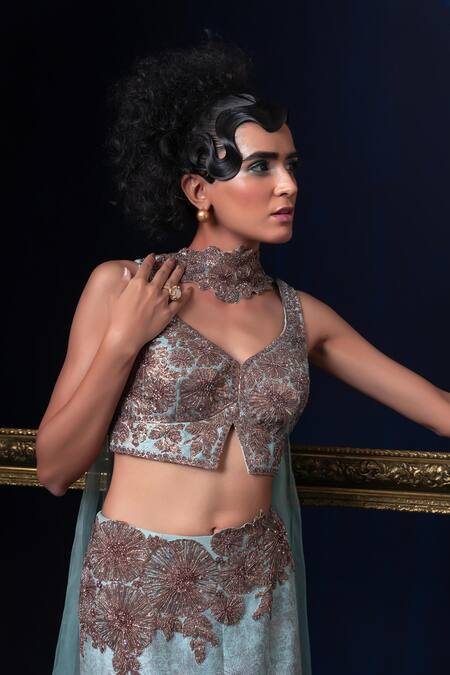 Buy Adi By Aditya Khandelwl Blue Jacquard Embroidery V-neck And Green Hand Lehenga Set Buy_Adi By Aditya Khandelwl_Blue Jacquard Embroidery V-neck And Green Hand Lehenga Set