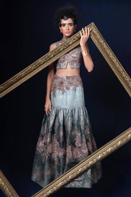 Shop Adi By Aditya Khandelwl Blue Jacquard Embroidery V-neck And Green Hand Lehenga Set Shop_Adi By Aditya Khandelwl_Blue Jacquard Embroidery V-neck And Green Hand Lehenga Set