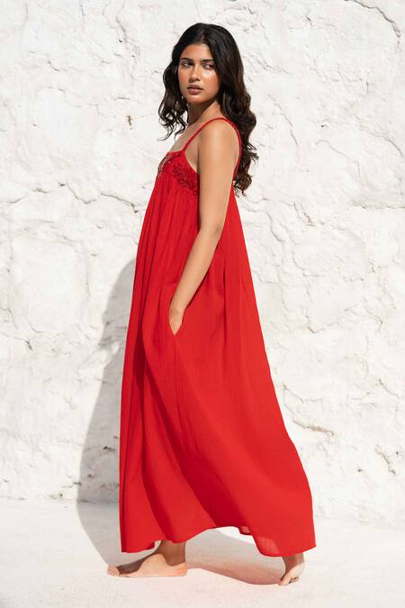 Shop Beachbum Red Cotton Embroidery Square Neck Scarlet Embellished Long Dress Online at Aza Fashions Shop_Beachbum_Red Cotton Embroidery Square Neck Scarlet Embellished Long Dress _Online_at_Aza_Fashions