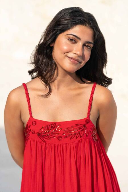 Beachbum Red Cotton Embroidery Square Neck Scarlet Embellished Long Dress at Aza Fashions Beachbum_Red Cotton Embroidery Square Neck Scarlet Embellished Long Dress _at_Aza_Fashions