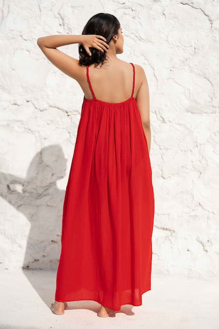 Shop Beachbum Red Cotton Embroidery Square Neck Scarlet Embellished Long Dress at Aza Fashions Shop_Beachbum_Red Cotton Embroidery Square Neck Scarlet Embellished Long Dress _at_Aza_Fashions