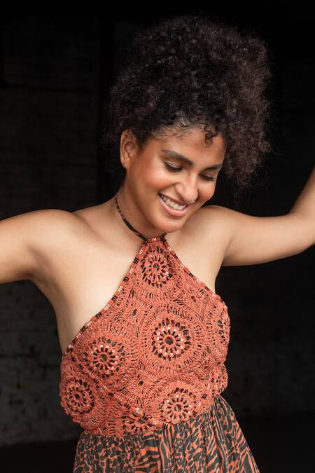 Beachbum Multi Color Cotton Sequins Halter Neck Flamingo Lily Backless Maxi Dress Online at Aza Fashions Beachbum_Multi Color Cotton Sequins Halter Neck Flamingo Lily Backless Maxi Dress _Online_at_Aza_Fashions