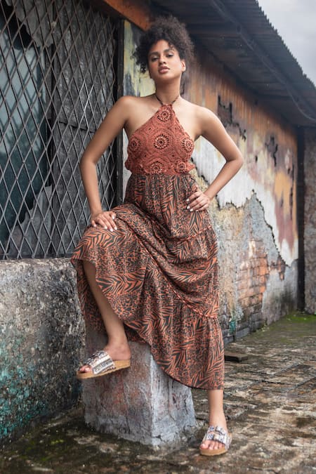 Shop Beachbum Multi Color Cotton Sequins Halter Neck Flamingo Lily Backless Maxi Dress Online at Aza Fashions Shop_Beachbum_Multi Color Cotton Sequins Halter Neck Flamingo Lily Backless Maxi Dress _Online_at_Aza_Fashions