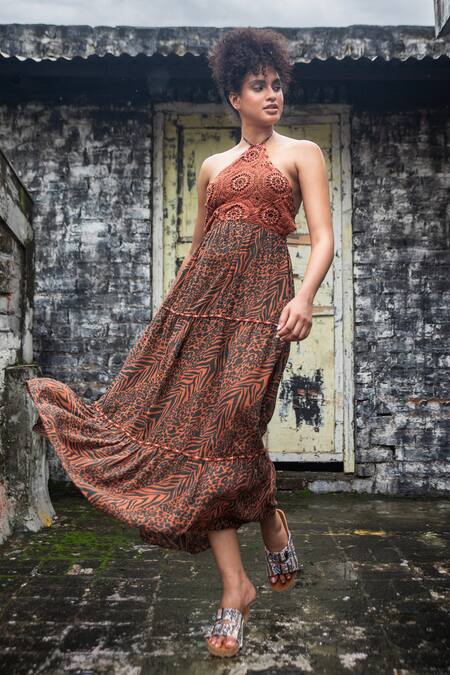 Beachbum Multi Color Cotton Sequins Halter Neck Flamingo Lily Backless Maxi Dress at Aza Fashions Beachbum_Multi Color Cotton Sequins Halter Neck Flamingo Lily Backless Maxi Dress _at_Aza_Fashions