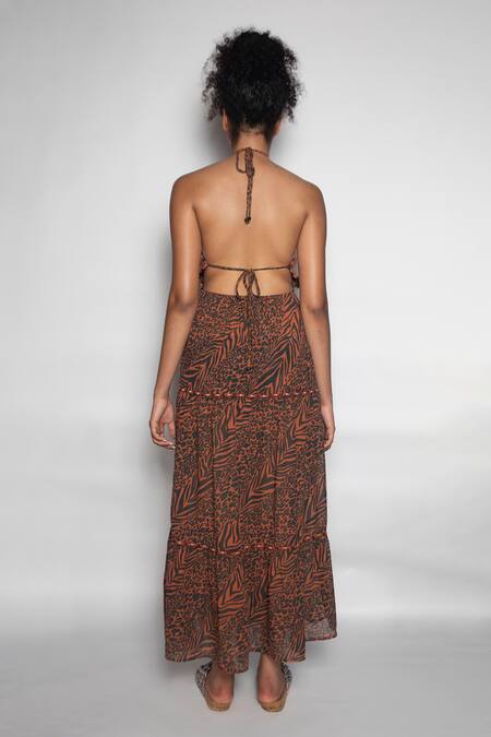 Shop Beachbum Multi Color Cotton Sequins Halter Neck Flamingo Lily Backless Maxi Dress at Aza Fashions Shop_Beachbum_Multi Color Cotton Sequins Halter Neck Flamingo Lily Backless Maxi Dress _at_Aza_Fashions