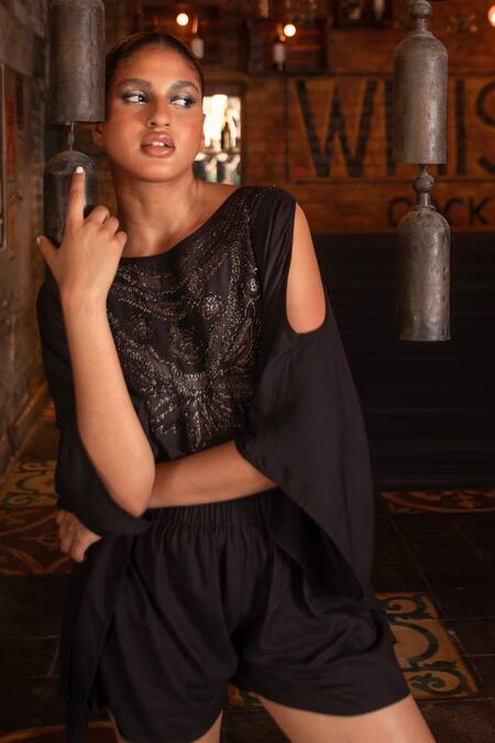 Buy Beachbum Black Viscose, Rayon Embroidery Round Neck Grape Ivy Romper Online at Aza Fashions Buy_Beachbum_Black Viscose, Rayon Embroidery Round Neck Grape Ivy Romper _Online_at_Aza_Fashions