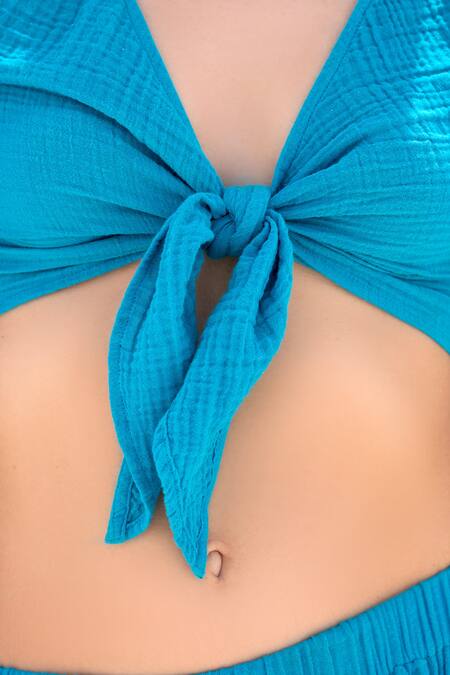 Beachbum_Blue Cotton Embroidery V-neck Cordon Schiffli Skirt And Tie Top Set _at_Aza_Fashions
