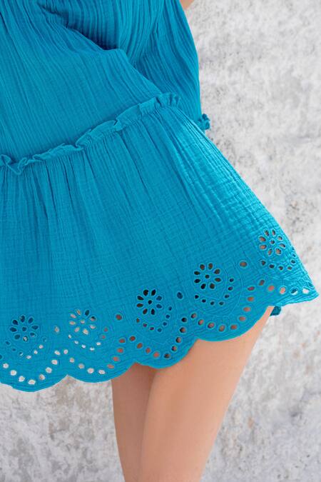Buy_Beachbum_Blue Cotton Embroidery V-neck Cordon Schiffli Skirt And Tie Top Set 