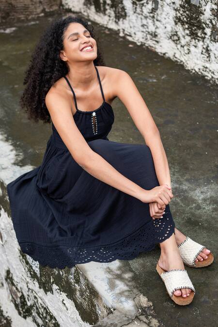 Beachbum_Black Cotton Embroidery Halter Neck Magic Long Dress _Online_at_Aza_Fashions