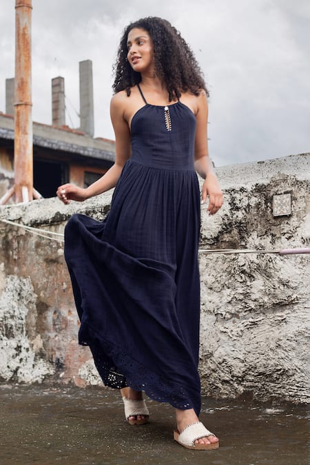 Buy_Beachbum_Black Cotton Embroidery Halter Neck Magic Long Dress _Online_at_Aza_Fashions