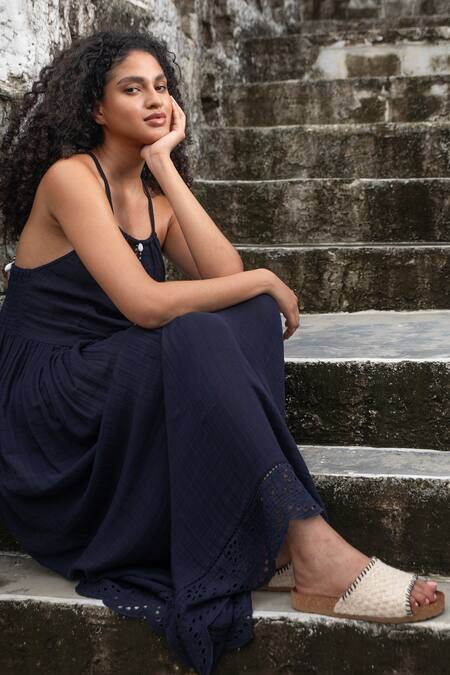 Shop_Beachbum_Black Cotton Embroidery Halter Neck Magic Long Dress _Online_at_Aza_Fashions