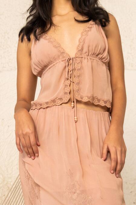 Beachbum_Pink Viscose, Georgette Embroidery Dusty Noodle Crop Top And Hali Skirt Set _Online_at_Aza_Fashions