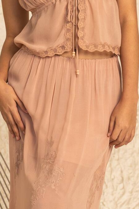 Shop_Beachbum_Pink Viscose, Georgette Embroidery Dusty Noodle Crop Top And Hali Skirt Set _Online_at_Aza_Fashions