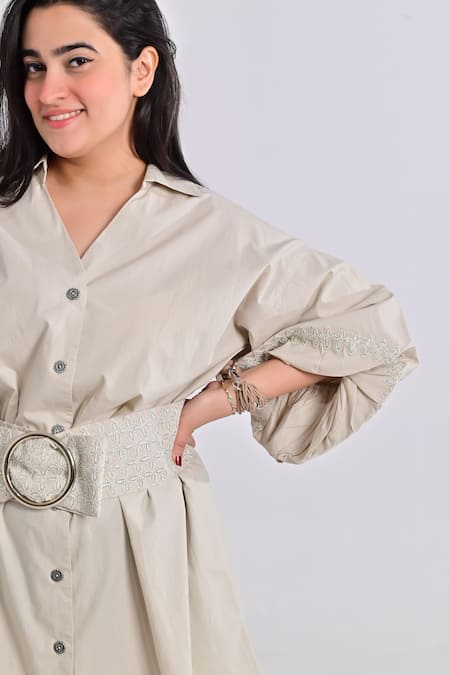 Beachbum_Green Poplin Embroidery Collared Mira Shirt Dress _Online_at_Aza_Fashions