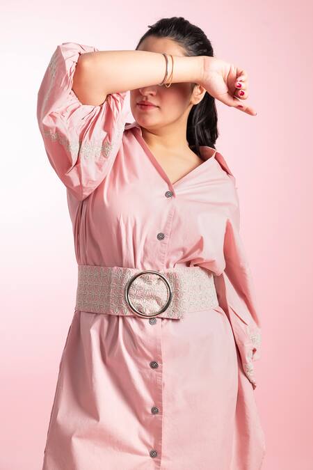 Buy_Beachbum_Pink Poplin Embroidery Collared Mira Shirt Dress _Online_at_Aza_Fashions