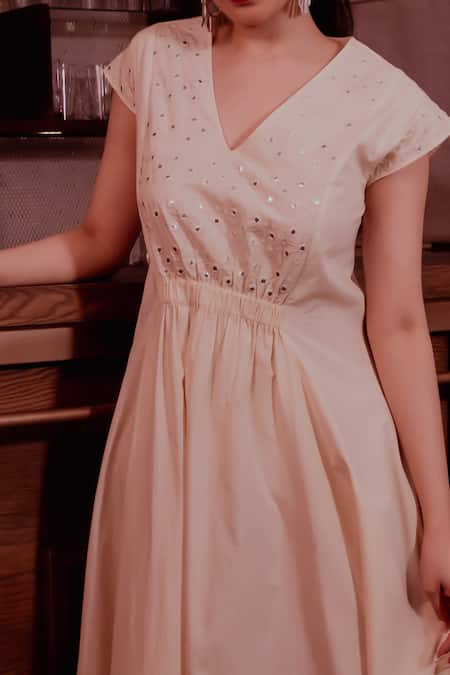 Shop_Beachbum_Yellow Poplin Sequins V-neck Pale Hand Embroidered Midi Dress _Online_at_Aza_Fashions