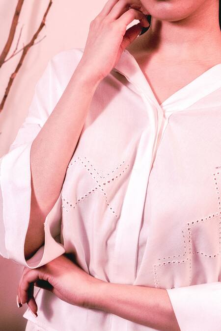 Beachbum_White Viscose, Rayon Embroidery Collared Hand Co-ord Set _Online_at_Aza_Fashions